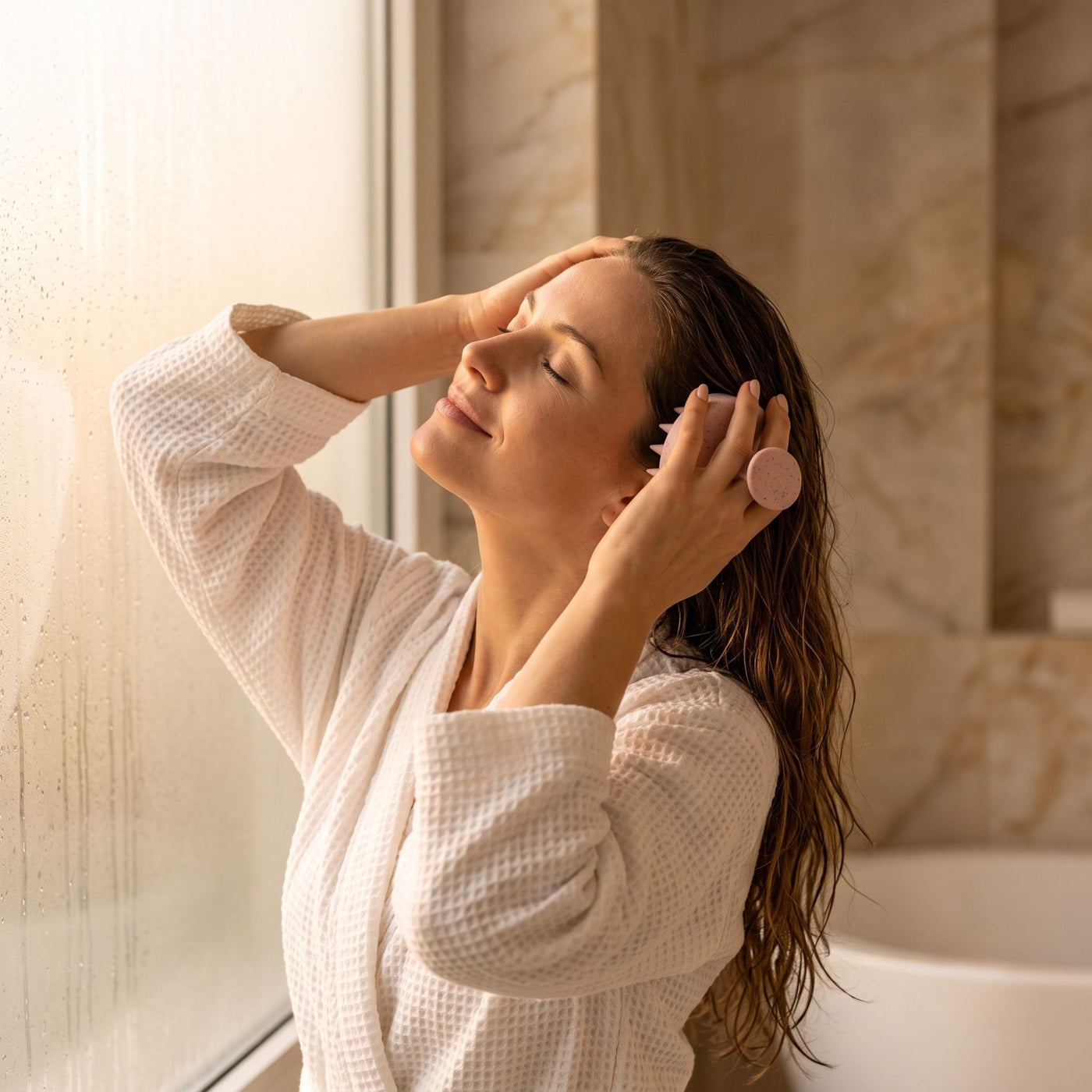 Massage relaxant du cuir chevelu avec la brosse en silicone